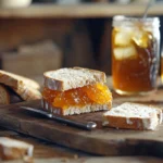 A marmalade sandwich on a cutting board with marmalade jar and bread slices