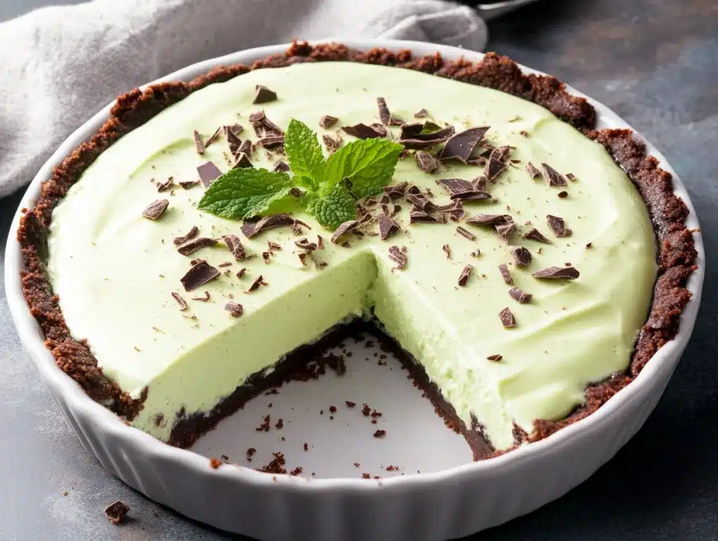 A fully set Grasshopper Pie with a slice taken out, showing its creamy mint layers.