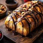 A loaf of yellow bread drizzled with chocolate syrup on a wooden table, surrounded by toppings