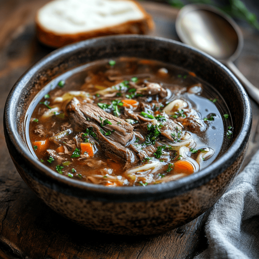 A bowl of hearty soup made from soup bones, garnished with fresh herbs, vegetables, and noodles, showcasing a rich and flavorful broth