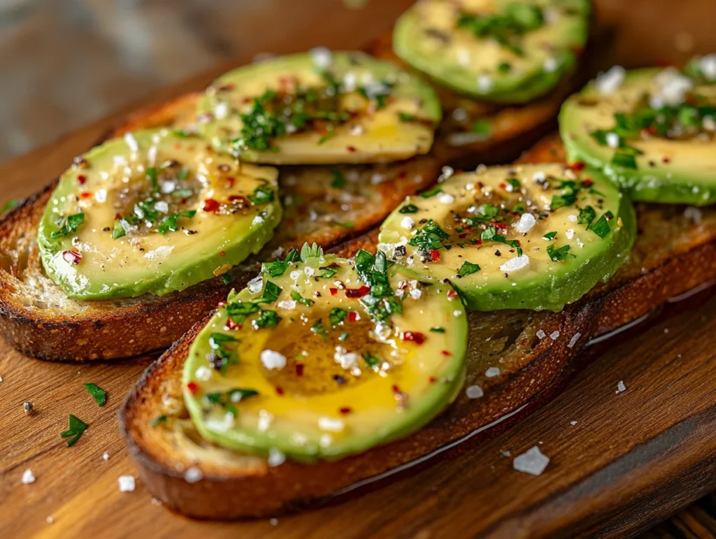 Close-up of avocado tartine with olive oil drizzle and red pepper flakes.