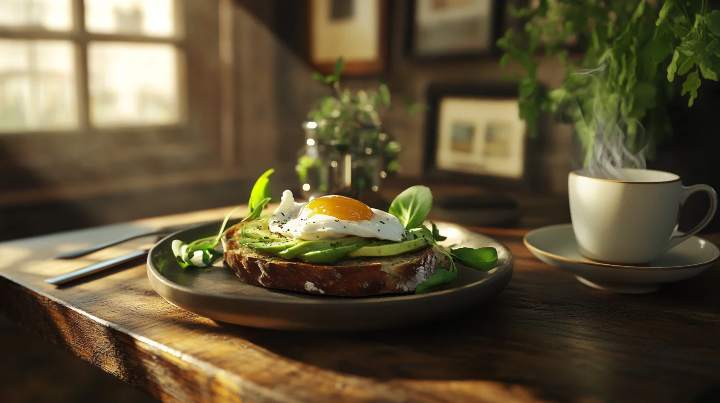 A beautifully plated French avocado toast on sourdough bread, garnished with herbs and poached egg