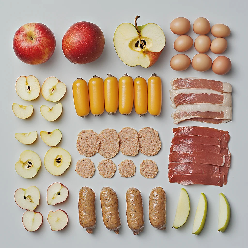 A detailed nutritional breakdown of chicken apple sausage, highlighting calories, fat, protein, and carbs with engaging icons for each nutrient