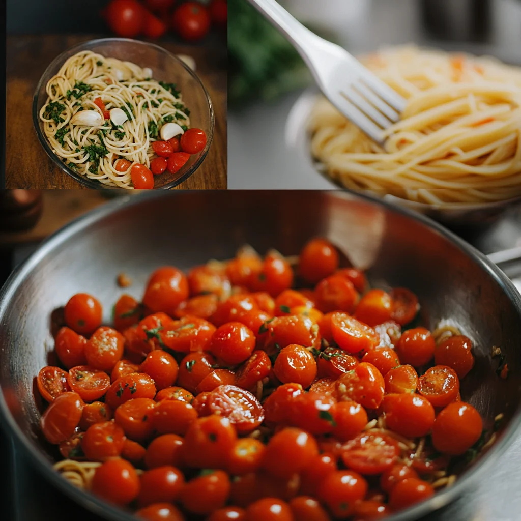 Step-by-step process of making cherry tomato pasta: sautéing garlic and tomatoes in olive oil, cooking pasta, and tossing everything together in a large bowl