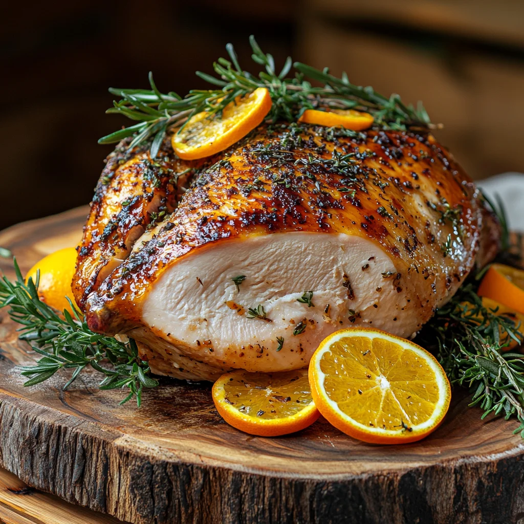 beautifully smoked turkey breast on a rustic wooden platter