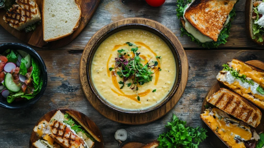 Variety of sandwiches paired with creamy potato soup