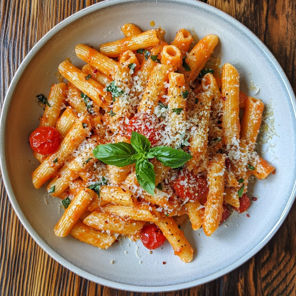 A plate of cherry tomato pasta with fresh basil, Parmesan cheese, and a light drizzle of olive oil, garnished with red pepper flakes, served on a rustic wooden table