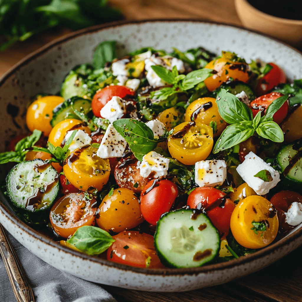 A vibrant, fresh salad with cherry tomatoes, cucumbers, and herbs arranged elegantly on a wooden table. The salad is garnished with feta cheese and a balsamic drizzle, with soft lighting to highlight the freshness