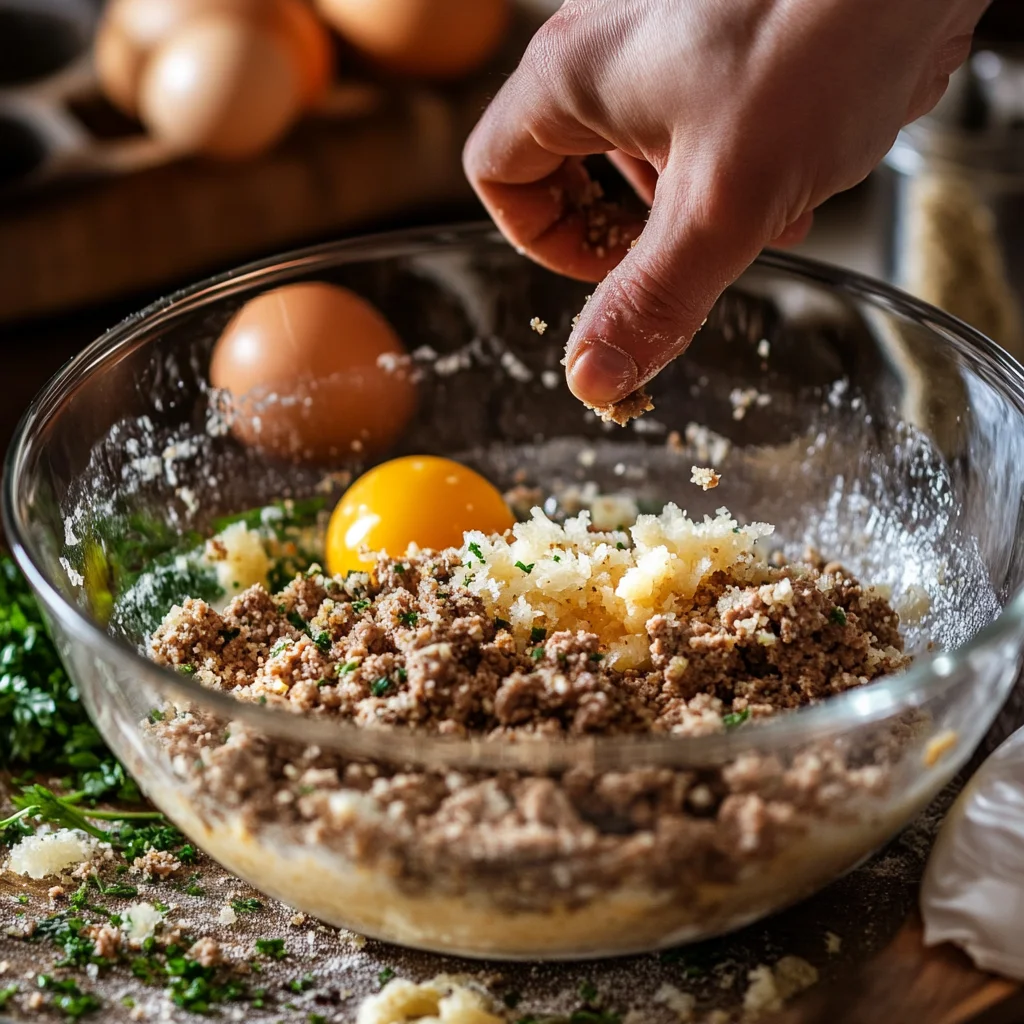 Close-up of cocktail meatball preparation, with ingredients like ground beef, breadcrumbs, and egg in a mixing bowl, ready to be combined for making delicious appetizer meatballs.