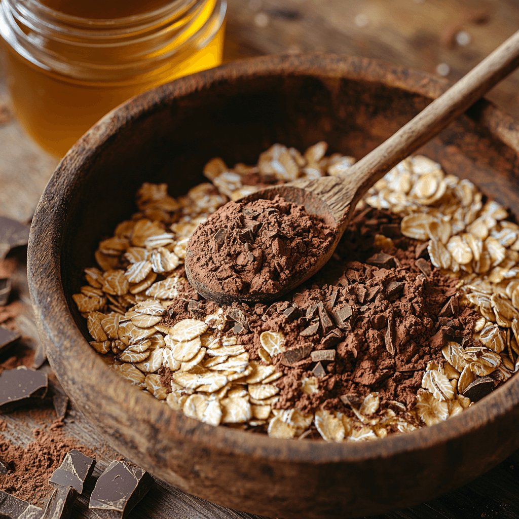 Close-up of rolled oats, cocoa powder, and honey in bowls, ingredients for making chocolate no bake cookies without peanut butter