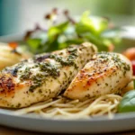 A beautifully plated creamy pesto chicken dish served alongside pasta and a fresh green salad, presented in a bright, modern kitchen setting.