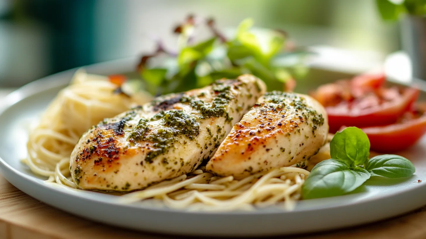 A beautifully plated creamy pesto chicken dish served alongside pasta and a fresh green salad, presented in a bright, modern kitchen setting.