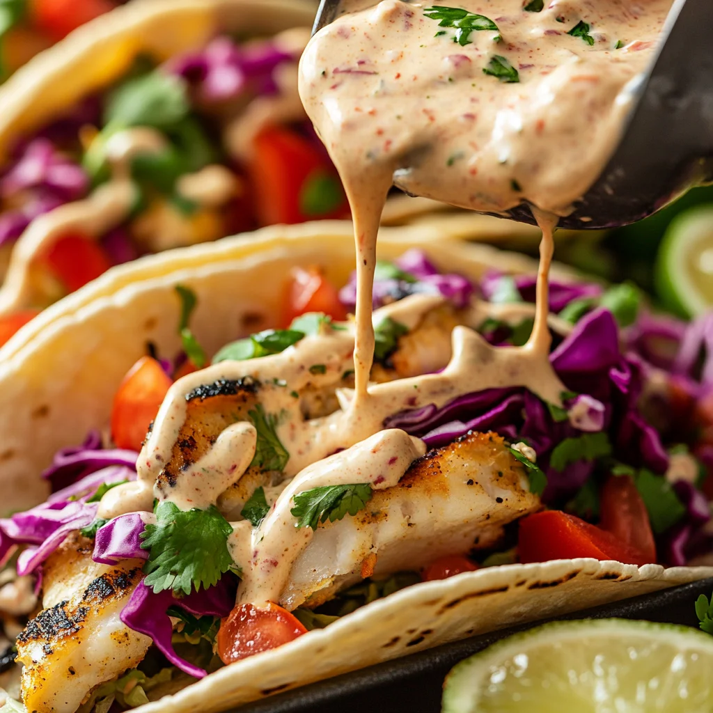 Close-up of a grilled fish taco being drizzled with chipotle-lime dressing, showcasing its fresh ingredients like grilled fish, shredded cabbage, and cilantro.