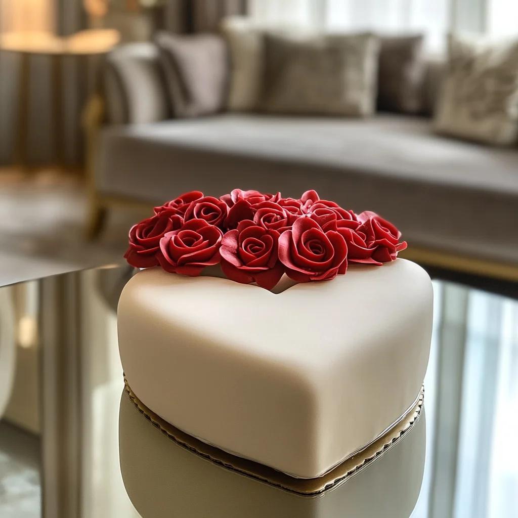 Heart-shaped fondant cake with red roses on a dining table in a stylish living room, taken with an iPhone 15 for a clear, detailed shot