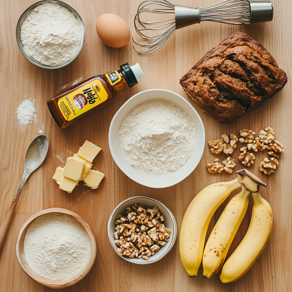 Ingredients for maple banana bread arranged on a wooden kitchen counter, including ripe bananas, maple syrup, butter, an egg, flour, baking soda, baking powder, chopped walnuts, and maple extract, with measuring utensils in the background