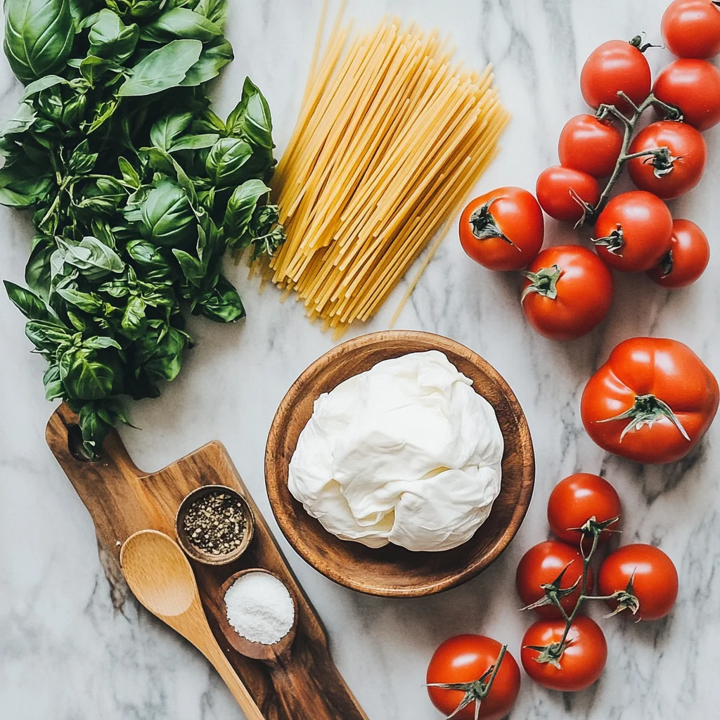 Kitchen counter with ingredients for burrata pasta, including fresh burrata cheese, pasta, tomatoes, herbs, and sauce, with kitchen tools like a wooden spoon and cutting board for an authentic cooking setup