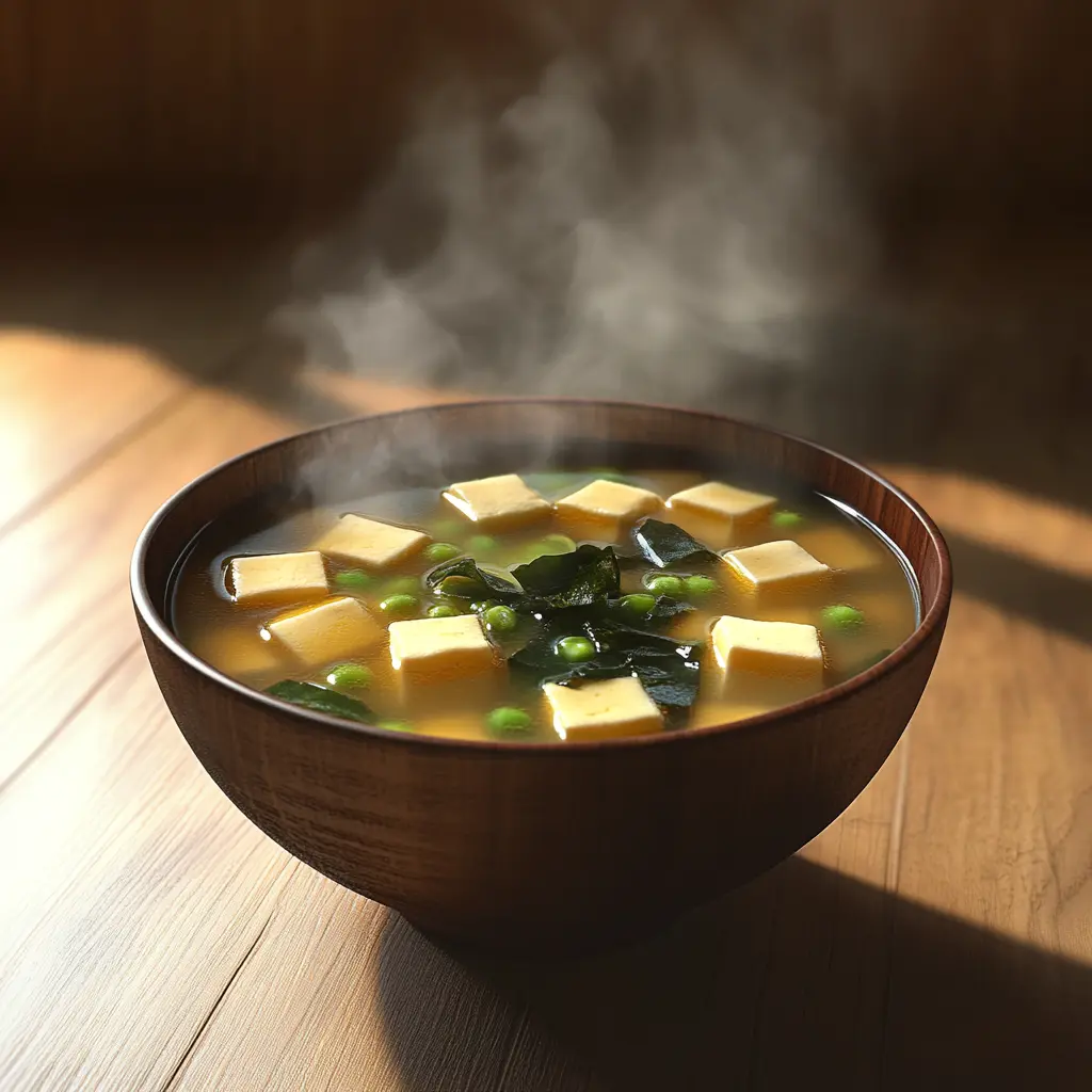 Step-by-step process of making miso soup: simmering dashi with kombu and bonito flakes, followed by adding miso paste, tofu, and seaweed in a bright kitchen