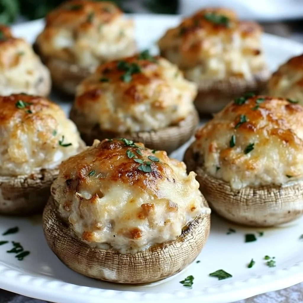 Close-up of golden-brown crab-stuffed mushrooms on a platter with melted cheese and herbs