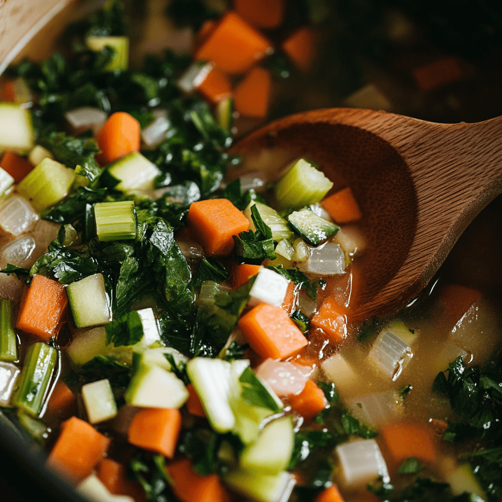 Chopped vegetables being added to the pot for swamp soup preparation