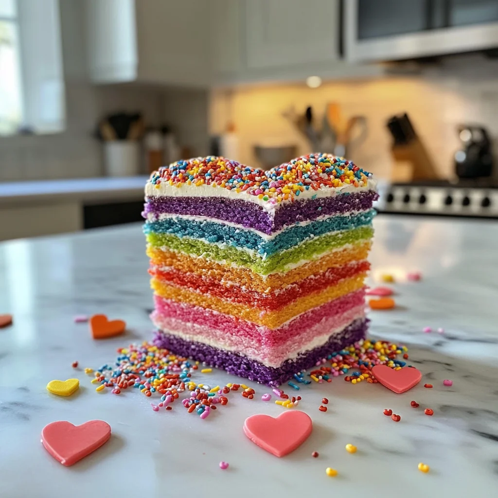 Colorful rainbow heart cake on a marble kitchen counter with heart decorations, captured with an iPhone 15 in a bright kitchen setting