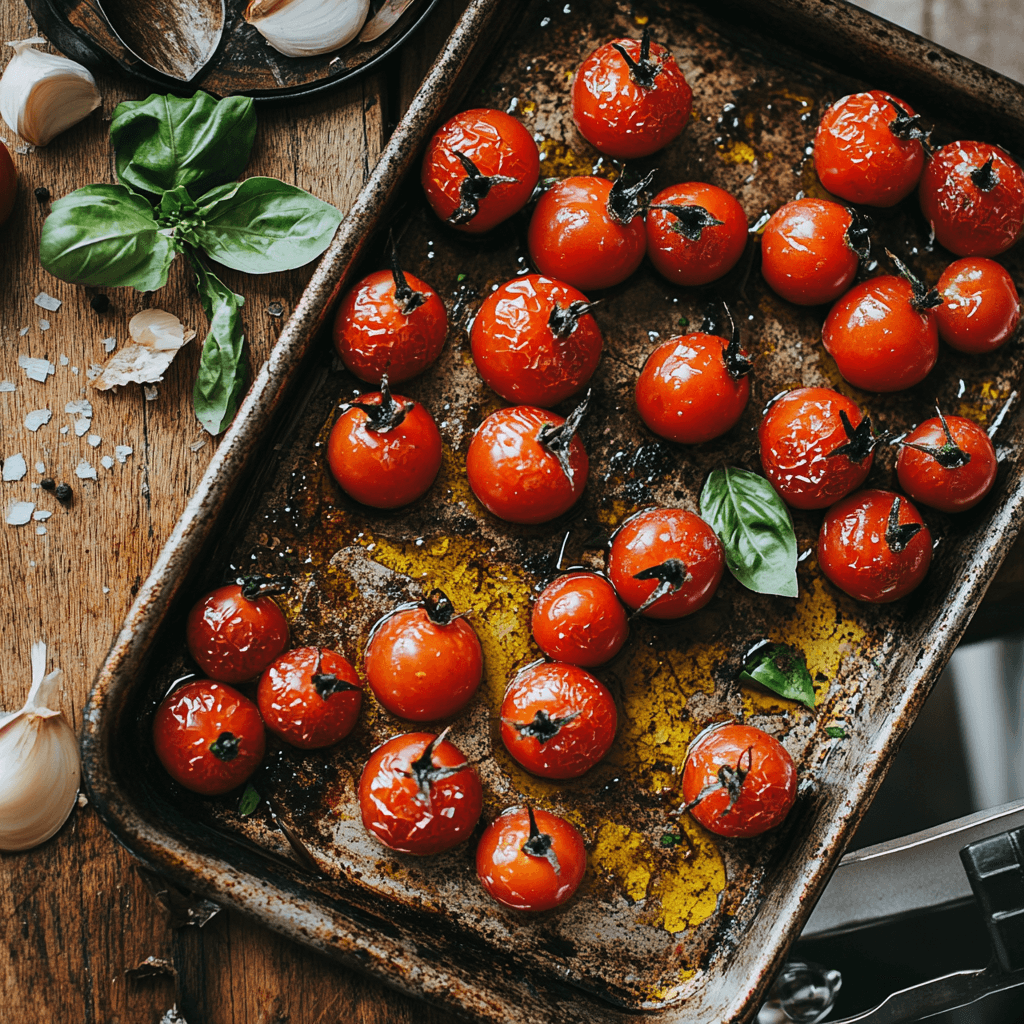 An image showing a rustic kitchen counter with freshly roasted cherry tomatoes on a baking tray, ready to be turned into a rich tomato sauce. The tomatoes are glistening with olive oil and herbs