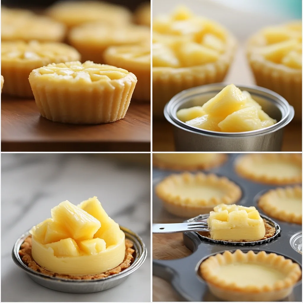 Close-up view of Pineapple Paradise Mini Cheesecakes with a golden graham cracker crust, creamy filling, and tropical pineapple topping