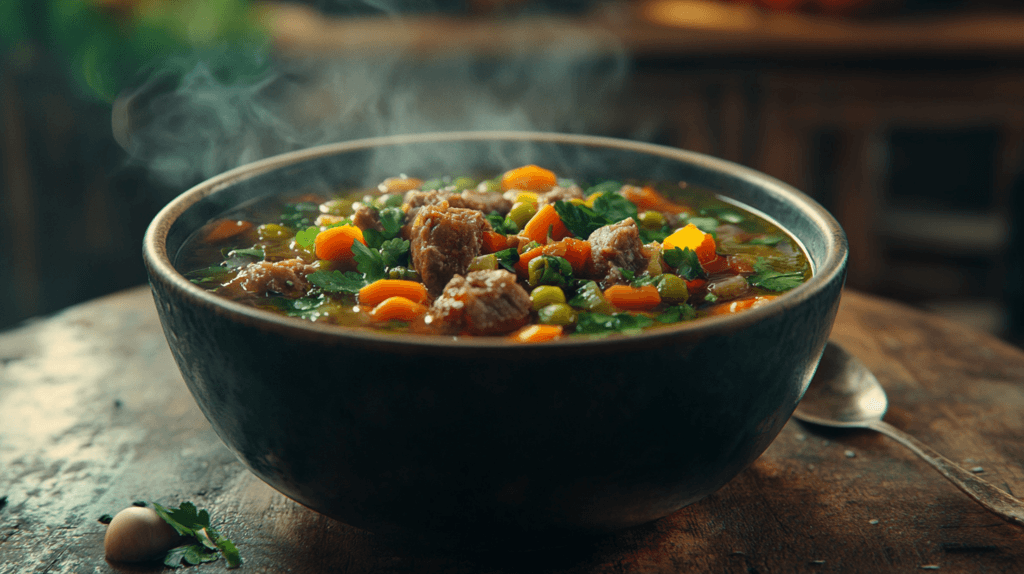 A hearty bowl of swamp soup with vegetables and meat, placed on a rustic wooden table