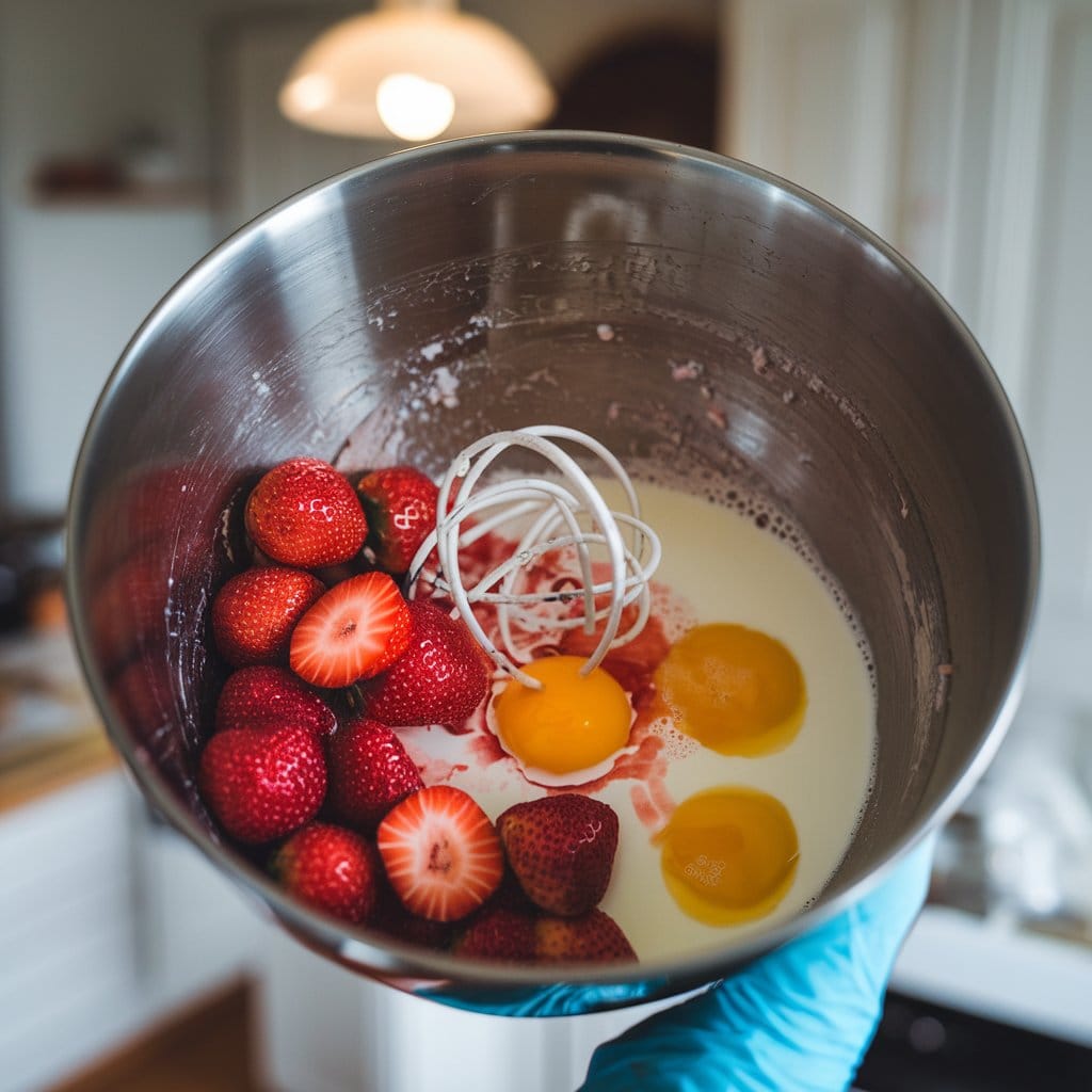 A close-up shot of mixing the ingredients for a strawberry cake in a bowl (strawberry cake mix, eggs, milk, and vegetable oil)