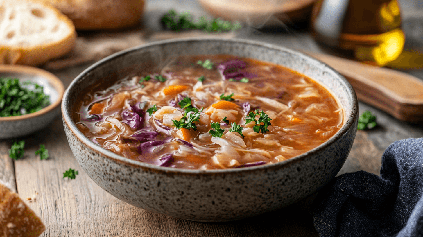 A steaming bowl of red cabbage soup garnished with parsley, served with bread on a rustic table.