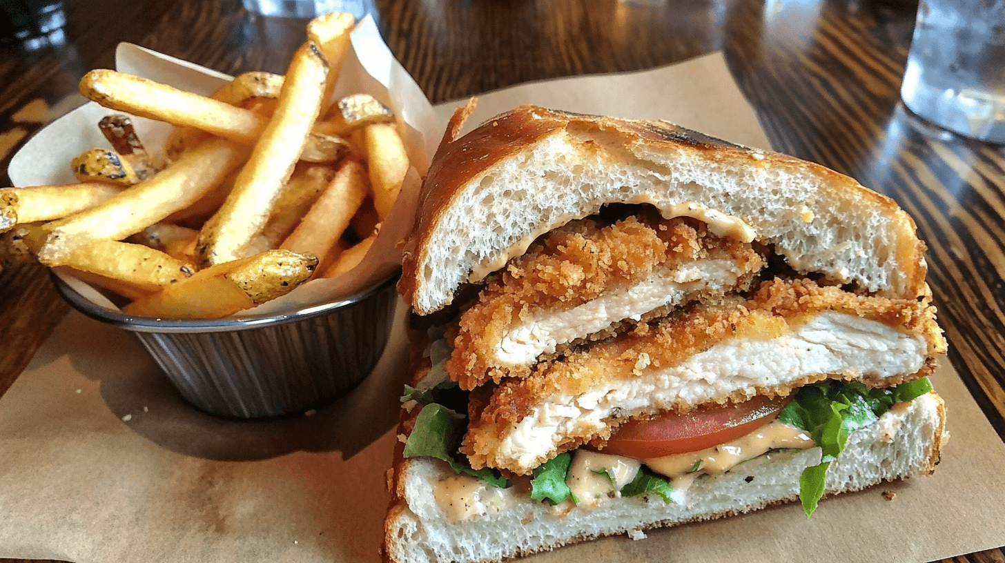 Delicious chicken cutlet sandwich with crispy breading, lettuce, tomato, and melted cheese, served with fries.