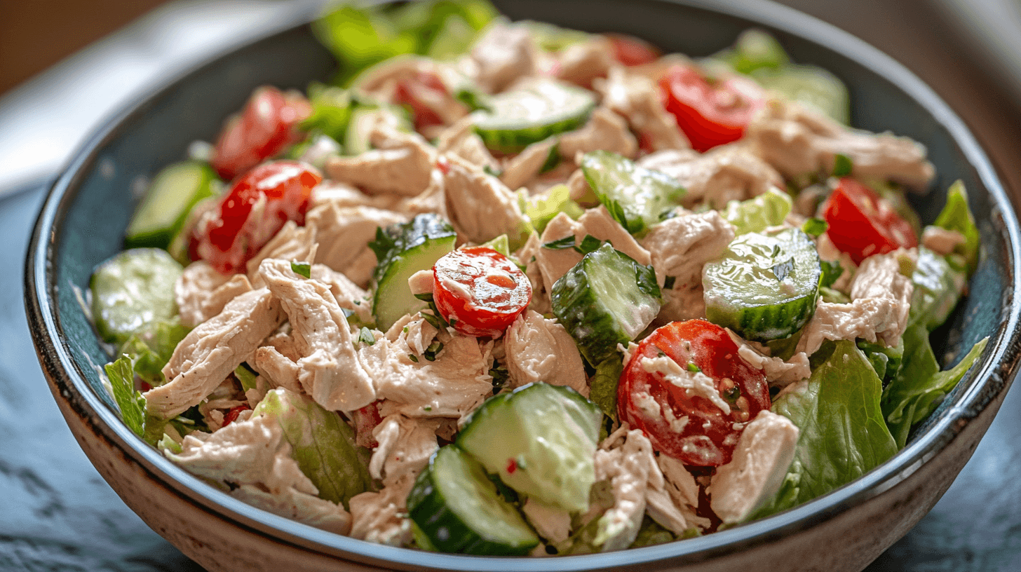 Leftover rotisserie chicken salad with fresh vegetables like lettuce, cucumbers, and tomatoes, served in a rustic bowl.