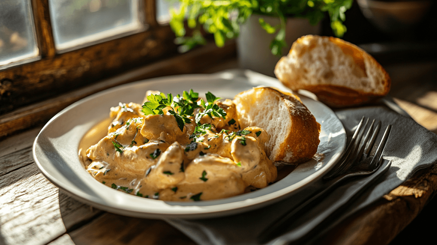 A plate of coronation chicken garnished with herbs, served with crusty bread in a rustic kitchen.