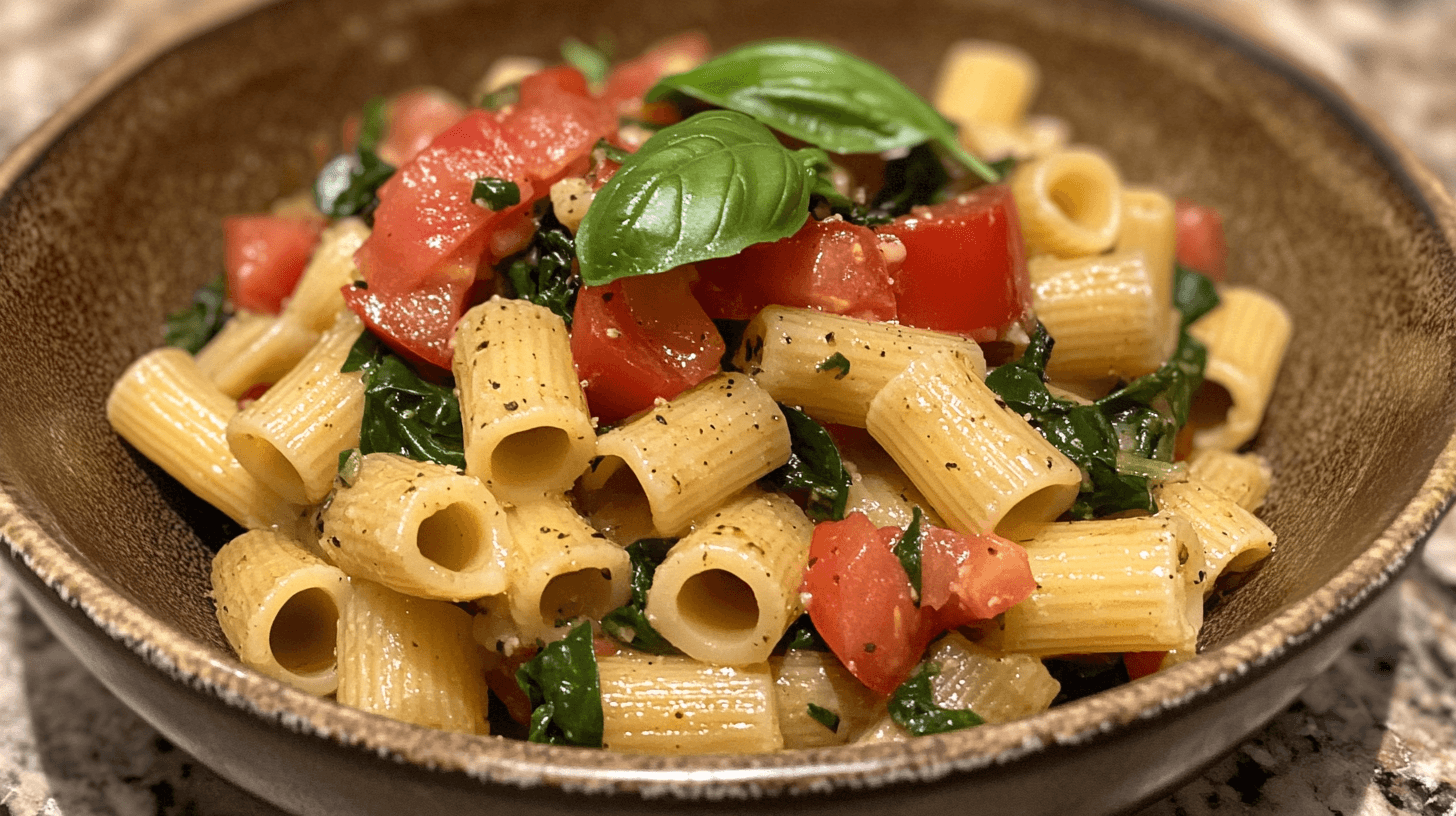 Ditalini pasta served in a rustic bowl with spinach, tomatoes, and basil, showcasing the small tube-shaped pasta.