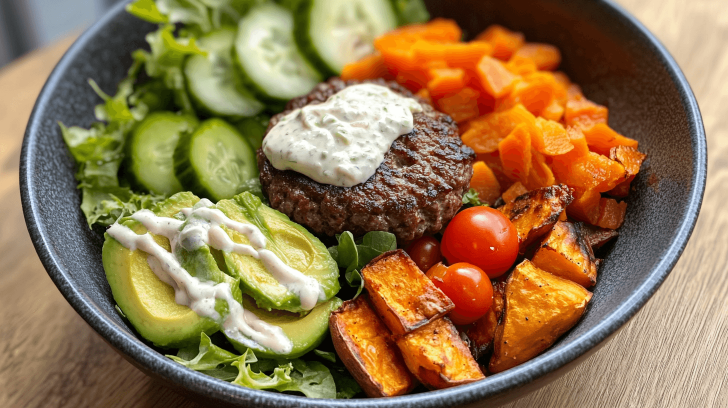 Healthy burger bowl with beef patty, fresh vegetables, avocado, and cheese without the bun