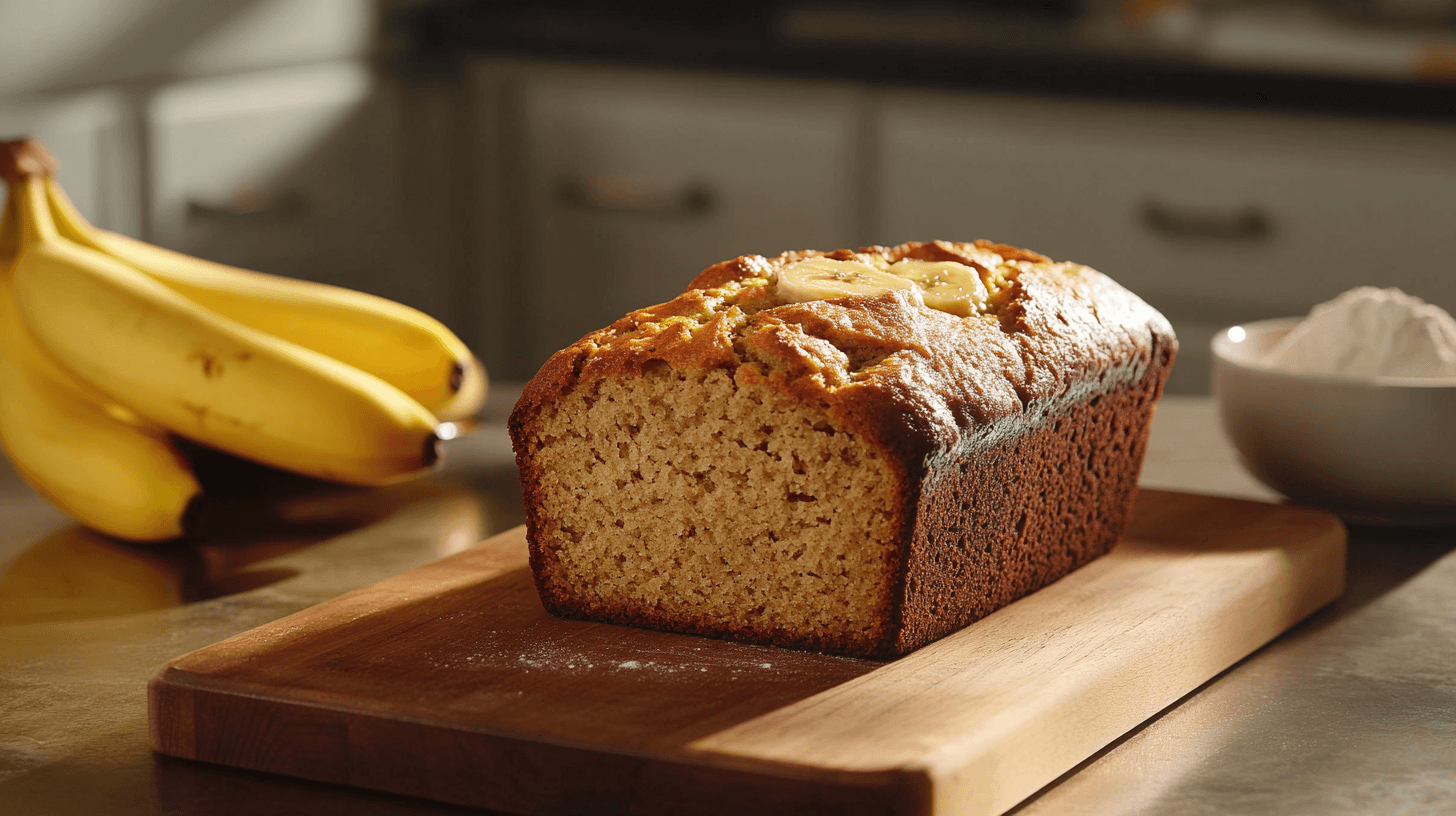 A loaf of 4 ingredient banana bread on a cutting board with bananas and baking ingredients in the background.