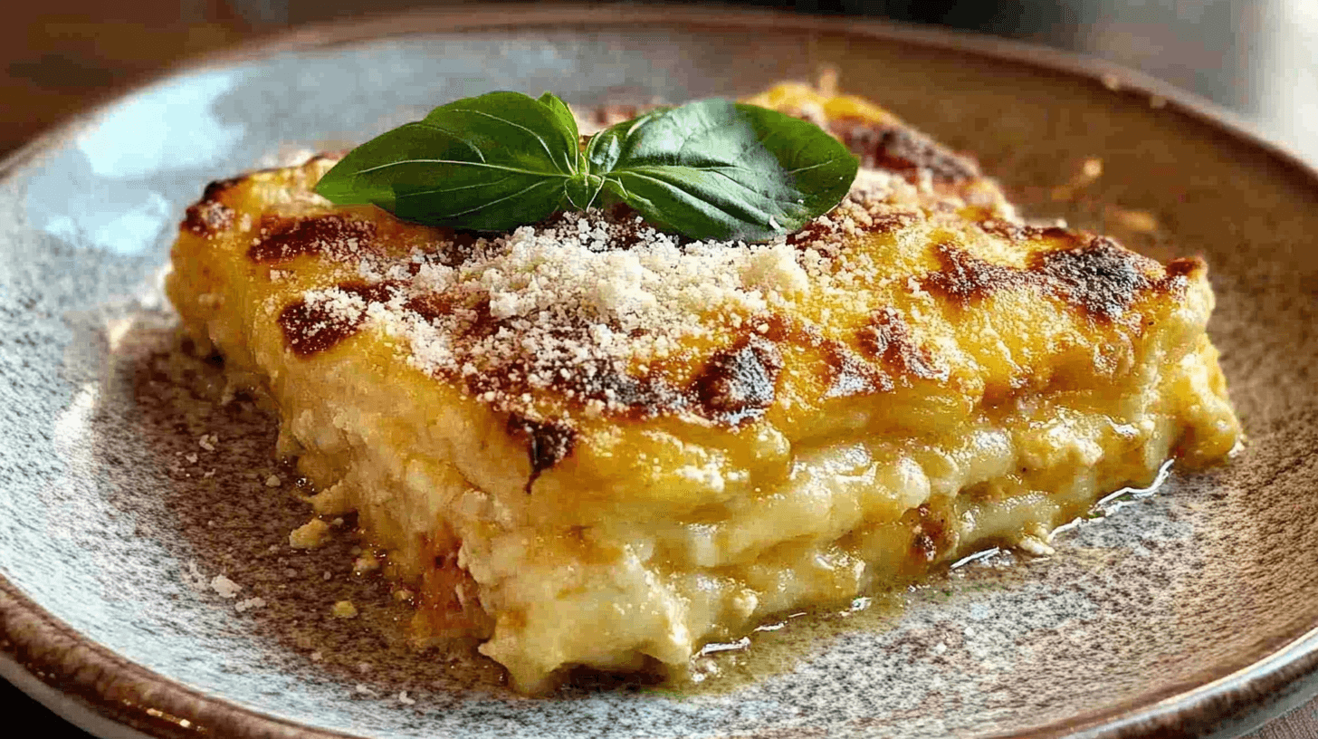 Golden Gnocchi alla Romana served on a rustic white plate, showcasing its crispy top and creamy interior with a sprinkle of Parmesan cheese.