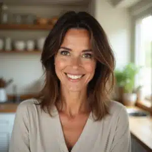 A 45-year-old American woman with shoulder-length brown hair, smiling warmly in a bright kitchen. Grace, the founder of Golden Bite Recipes, wears a casual outfit, embodying a friendly and approachable personality.