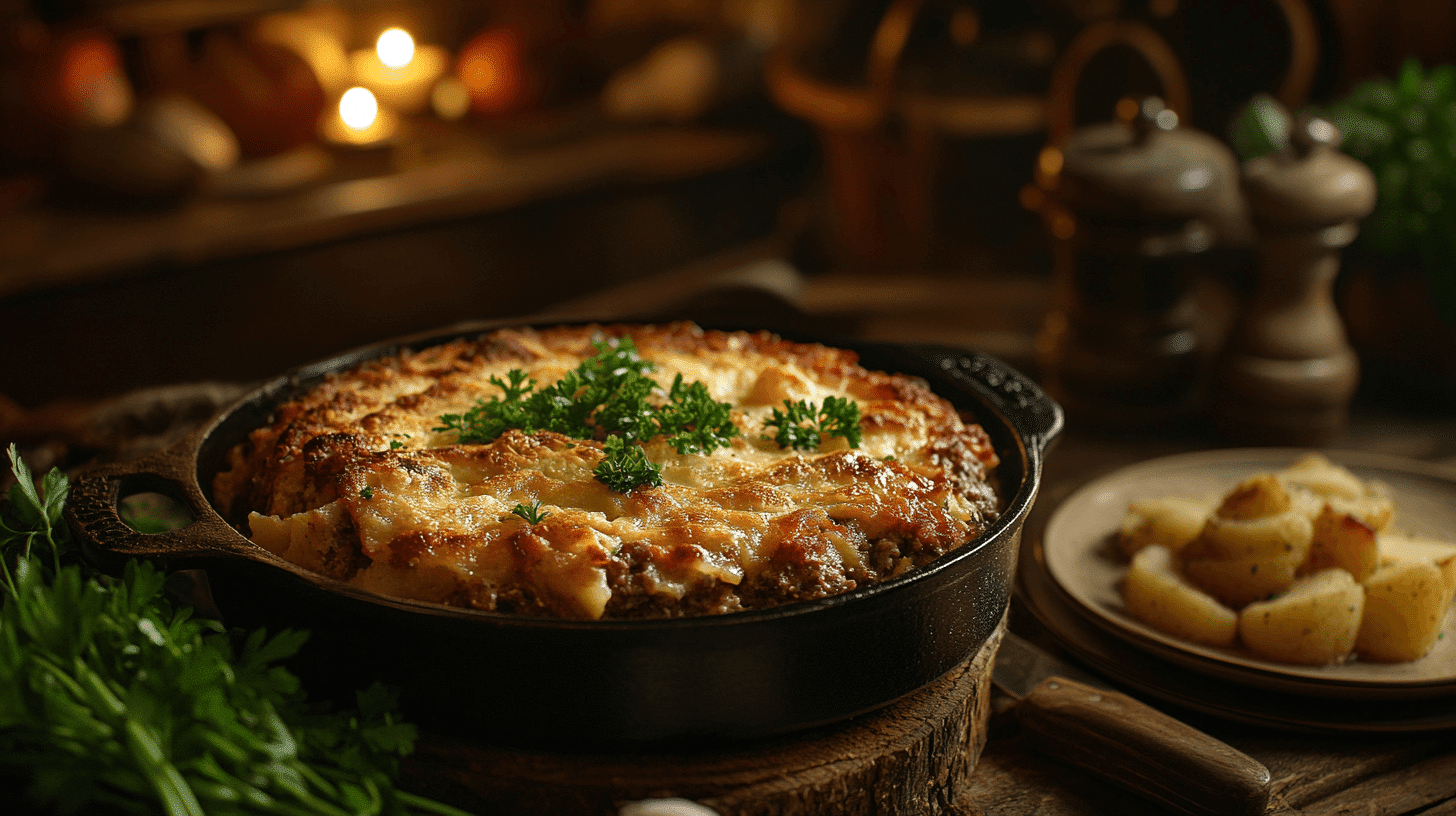 Cowboy meatloaf and potato casserole served in a rustic kitchen with fresh veggies and a warm, inviting atmosphere.