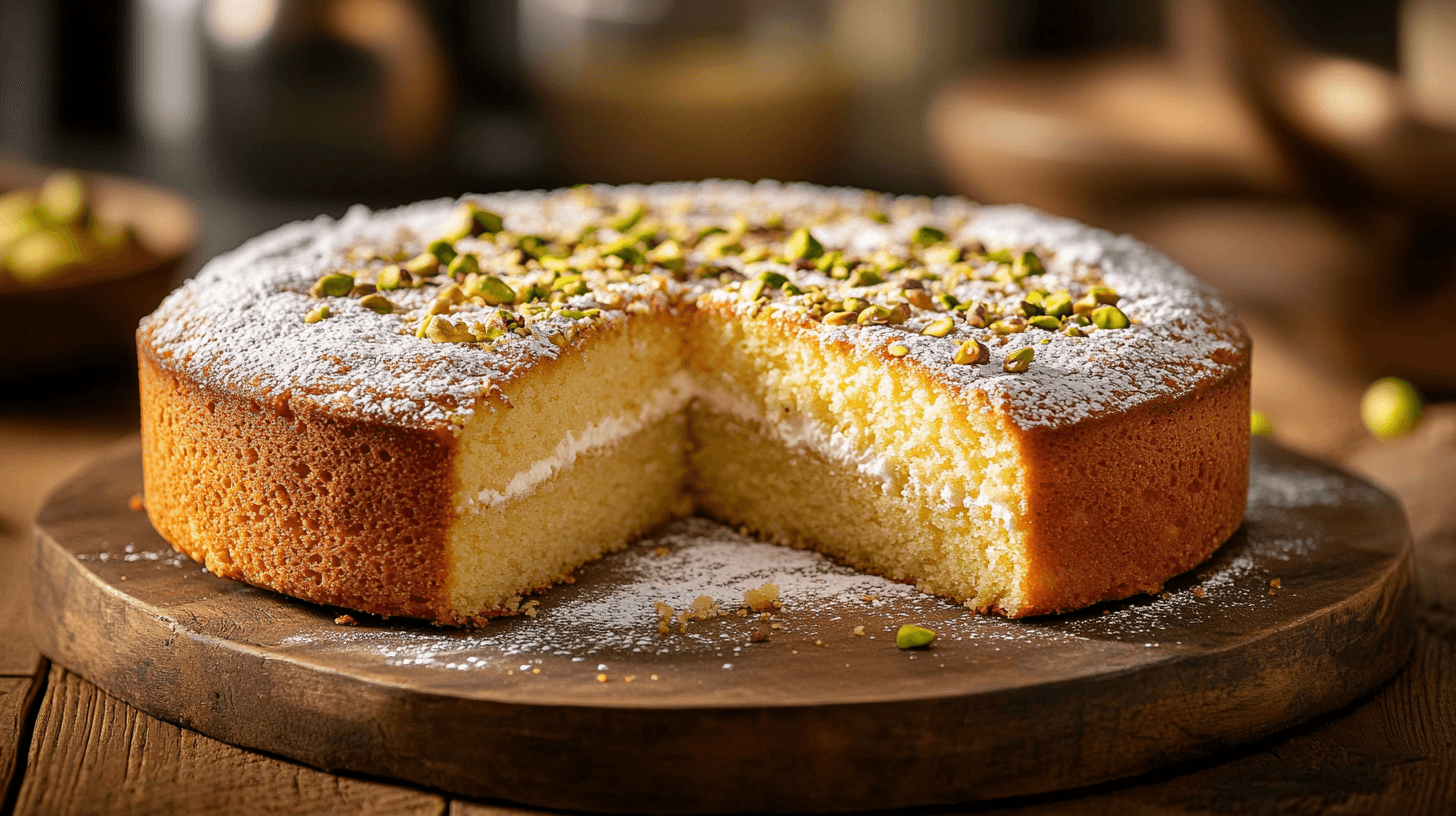 A whole pistachio ricotta cake garnished with crushed pistachios and powdered sugar, with a slice cut to show the texture.