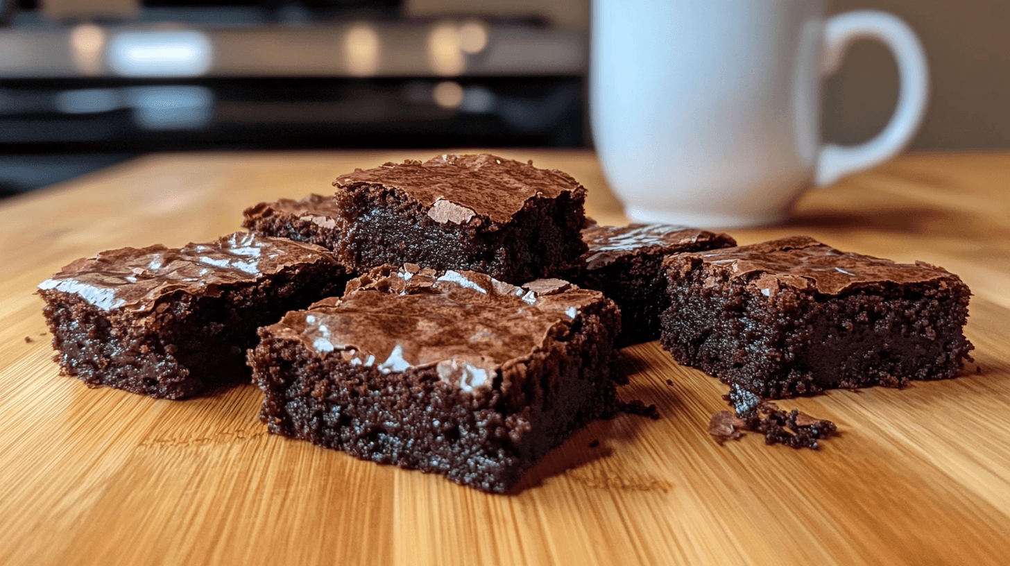 Freshly baked sourdough brownies on a wooden table with a rich, dense texture and chocolate layers.