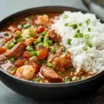 A bowl of authentic New Orleans gumbo with chicken, sausage, shrimp, and vegetables served alongside white rice and garnished with green onions.