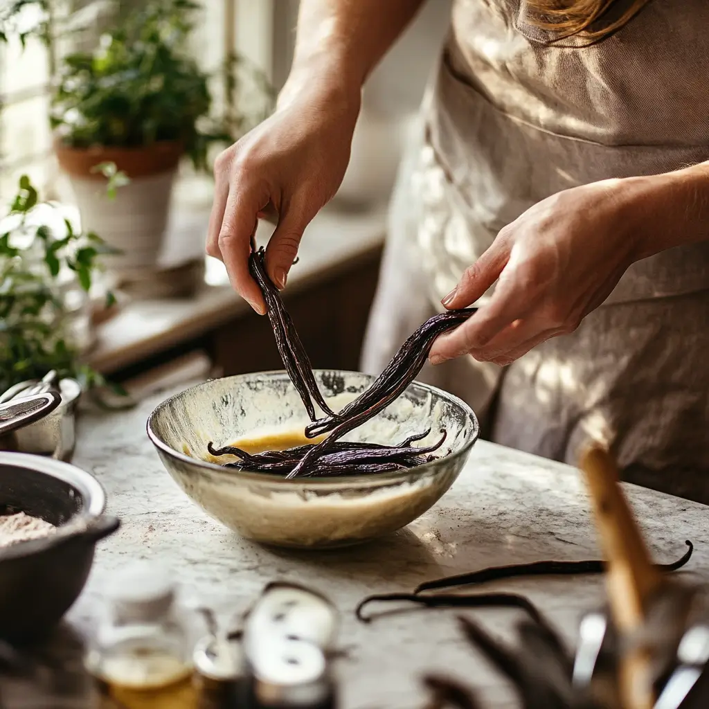 Scraping vanilla beans to make vanilla paste
