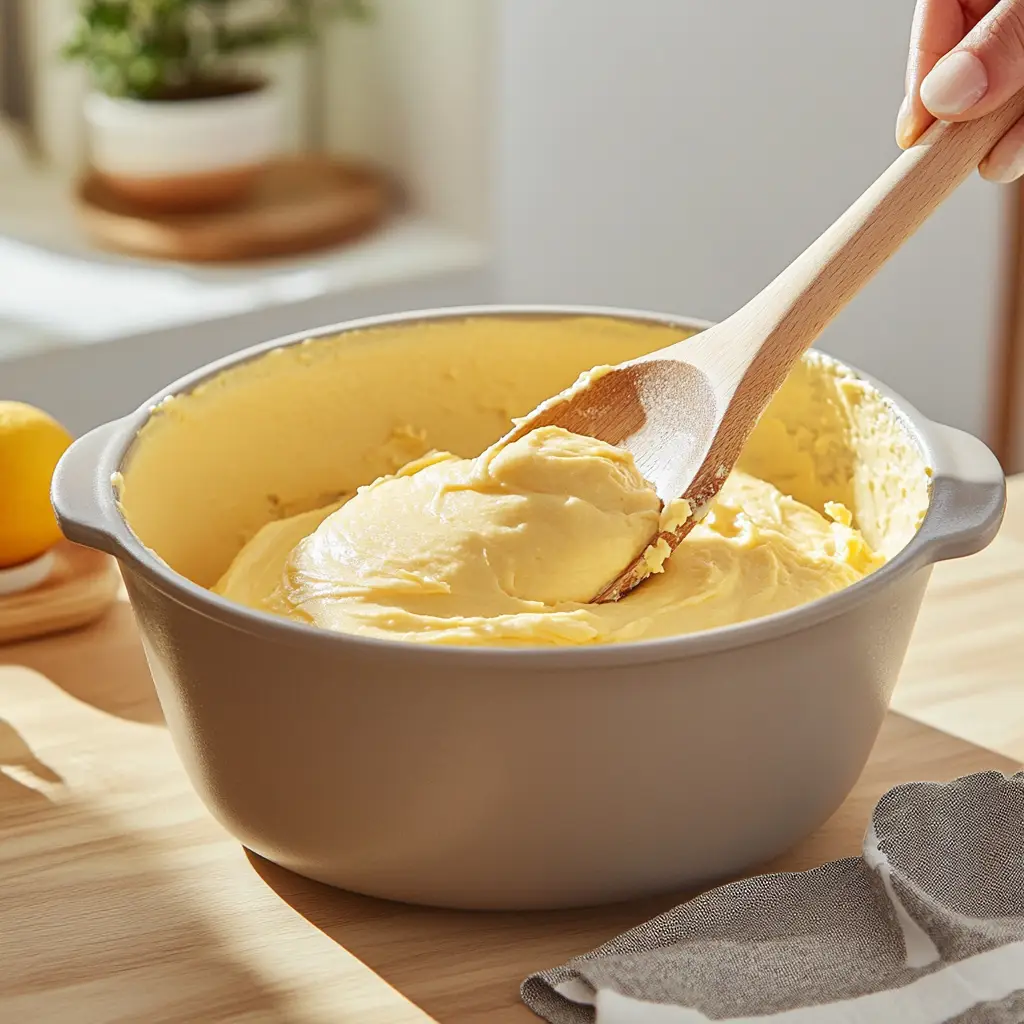 preparing-lemon-bars-with-cake-mix Preparing lemon bars with cake mix batter in a kitchen