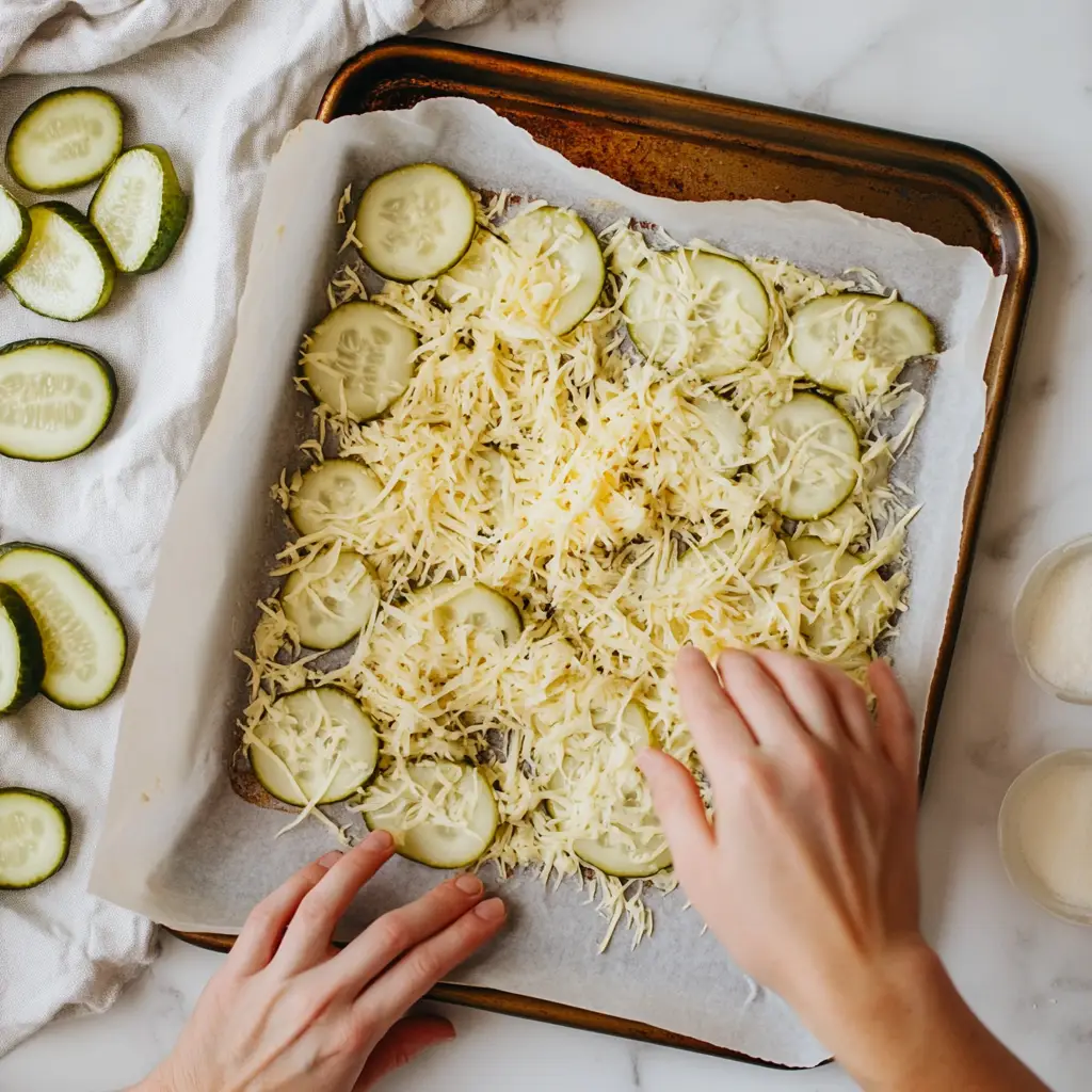 assembling-pickle-bread-sandwich Spreading cheese and placing pickles on baking sheet