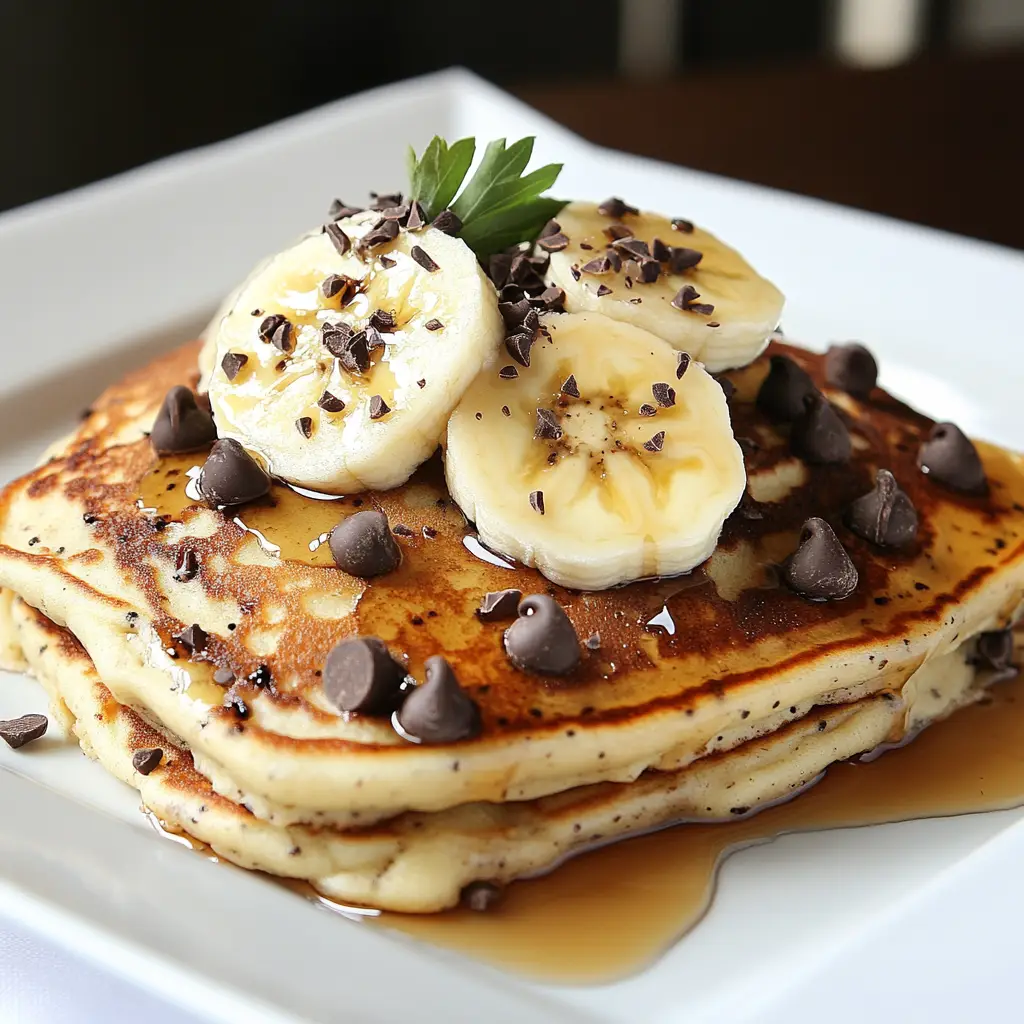 banana-chocolate-chip-pancakes Banana chocolate chip pancakes with banana slices and syrup