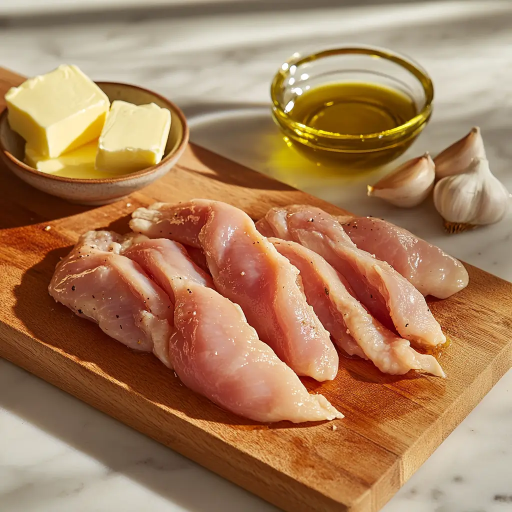 Seasoned raw chicken with garlic, butter, and olive oil on a prep board