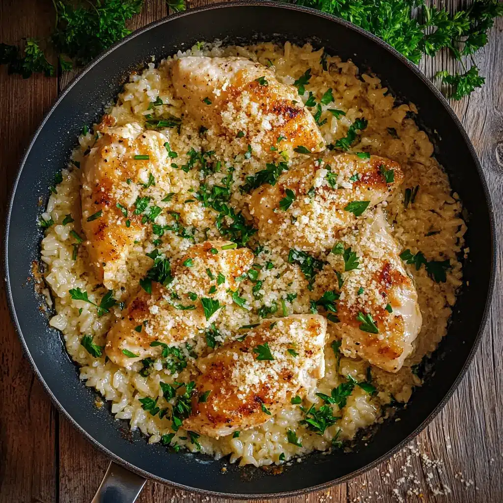 Chicken Scampi with Garlic Parmesan Rice in a skillet with parsley and parmesan