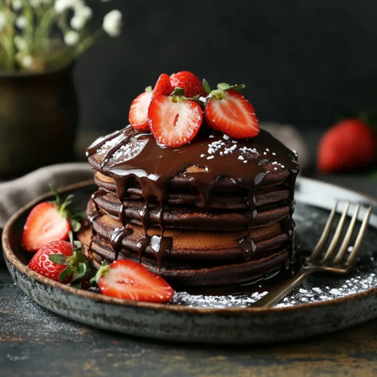 Stack of chocolate pancakes with strawberries and chocolate drizzle