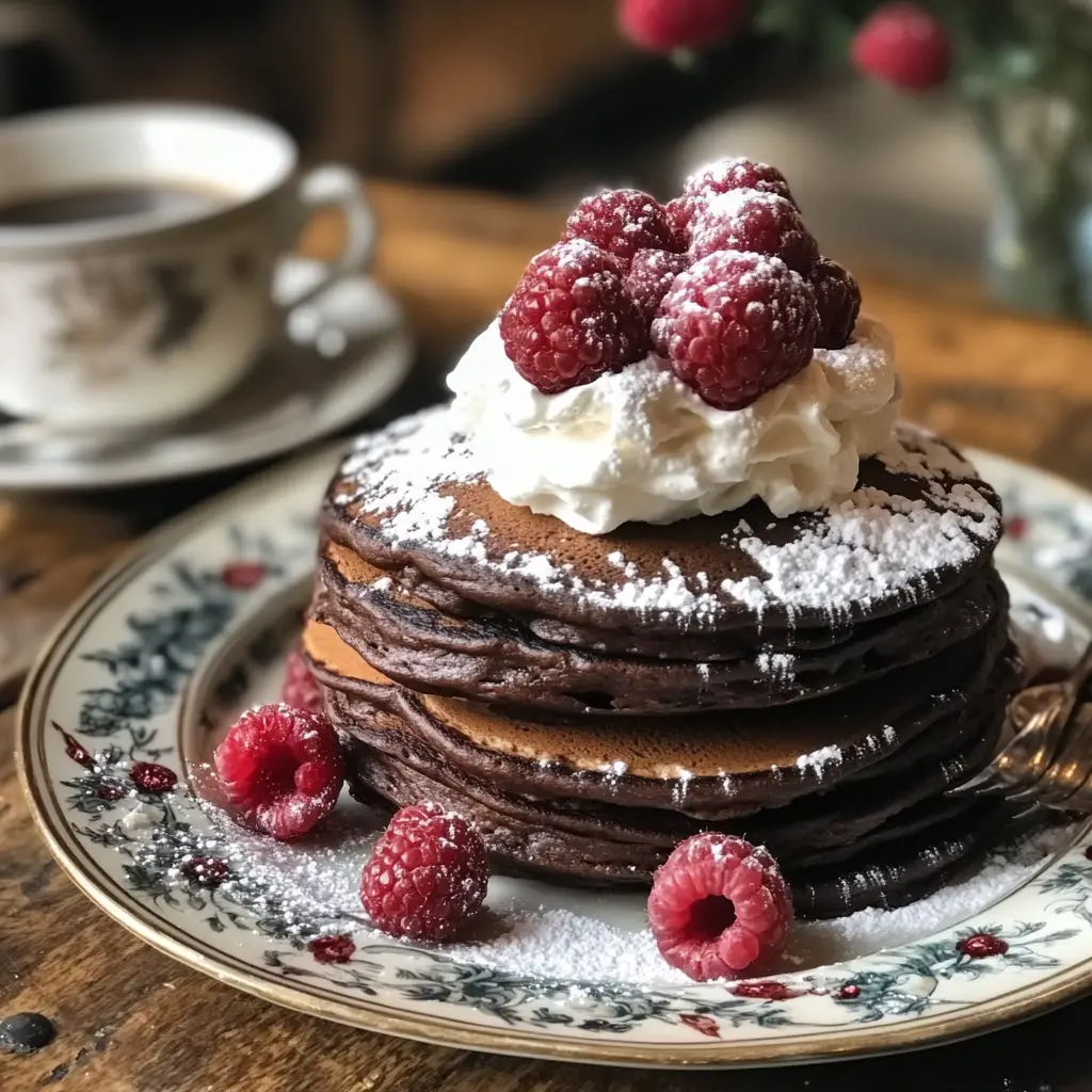 Chocolate pancakes with whipped cream and raspberries