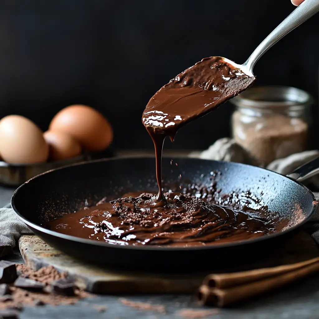 Pouring chocolate pancake batter onto skillet